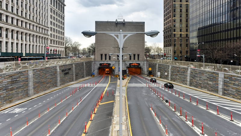NEW YORK - APRIL 5, 2015: The Hugh L. Carey Tunnel (formerly called the Brooklyn Battery Tunnel) in New York City, NY. The tunnel bridges Brooklyn and Manhattan.